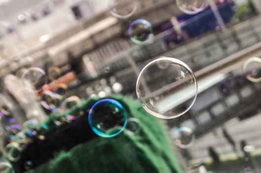 Outdoor art installation at Bangkok Art and Culture Center. Every 20 minutes or so, furry, Sesame Street-esque bubble machines release thousands of soap bubbles into the Bangkok air that float away over the city.