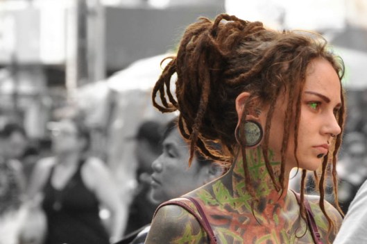 Khao San Road, Bangkok, Thailand. No color manipulation.  The whites of her eyes really were dyed green.  