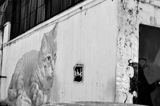 Georgetown, Penang, Malaysia -- The original piece titled "Skippy" by the artist was only of the cat.  Some intrepid artist came along later and added the sneaky mouse around the corner.  