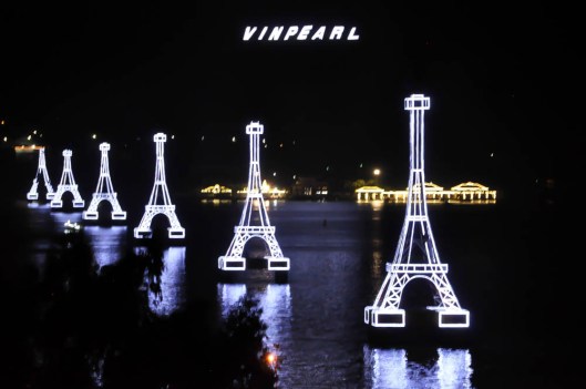 Nha Trang, Vietnam.  The cable car towers to Vin Pearl Island at night.